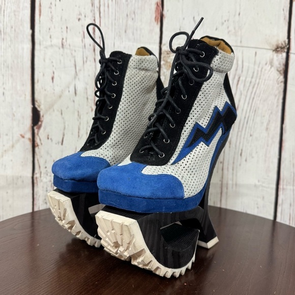 JEFFREY CAMPBELL Blue Suede Mesh high top sneakers wood & rubber platforms 6.5 - Picture 13 of 17